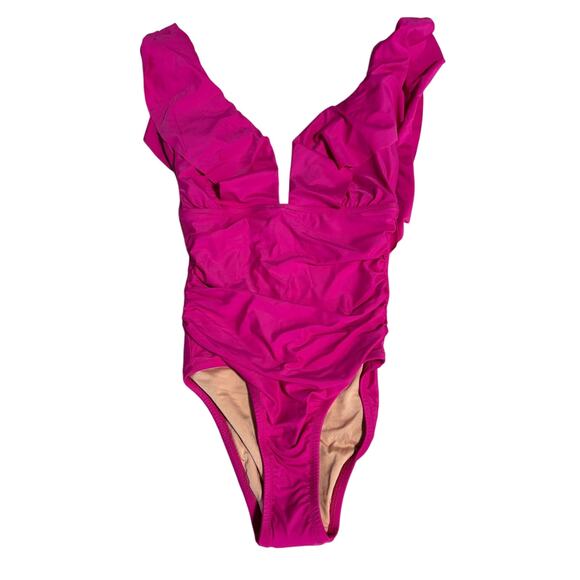 NWT‎ J. Crew Ruched Ruffle One-Piece Swimsuit, Hot Pink, Size 10 - Picture 1 of 4